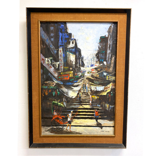 Original Tam Ming Mid Century Art Chinese Street Scene Oil Painting