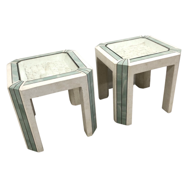Pair Maitland Smith Tessellated Fossil Stone Clad Brass Side Tables
