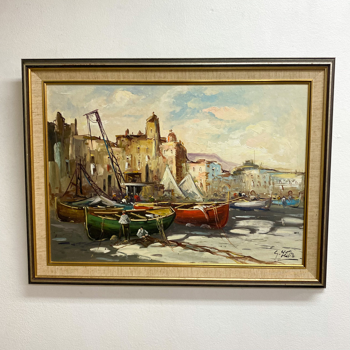 Mid Century Boat Scene Italian Oil Painting By S Stilio – The Design Ark