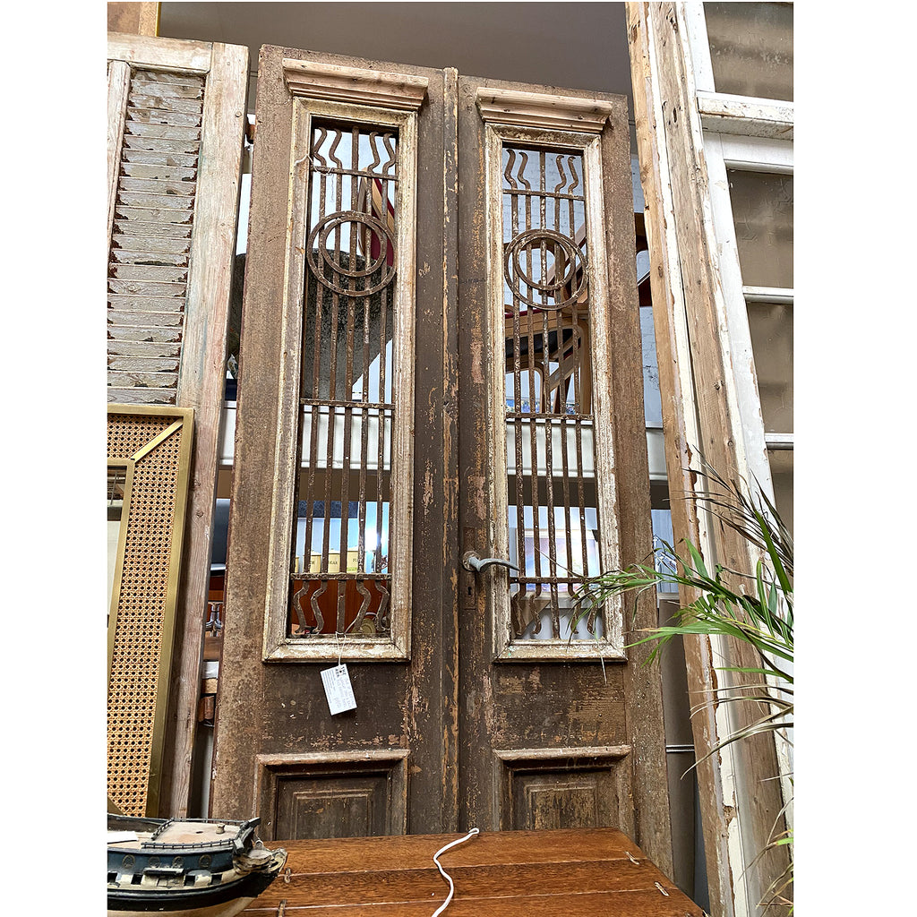 Antique Pair of Egyptian French Wooden & Wrought Iron Doors
