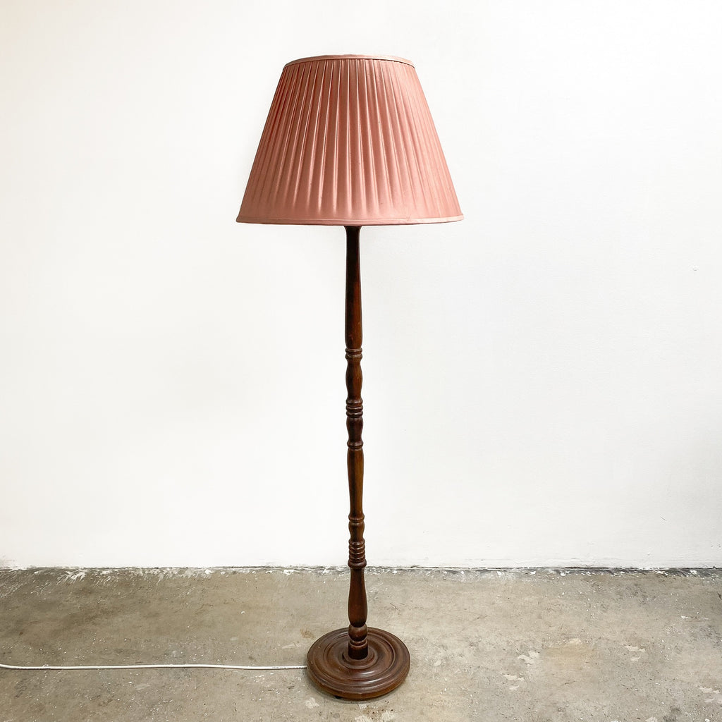 Vintage Timber Floor Lamp with Original Pleated Silk Shade