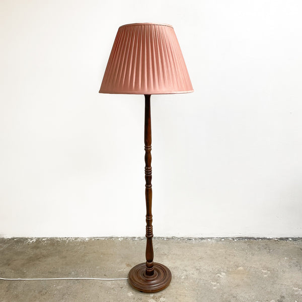 Vintage Timber Floor Lamp with Original Pleated Silk Shade