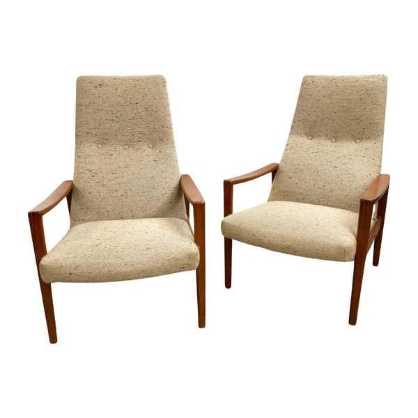 PAIR OF TEAK MID CENTURY HIGH BACK ARMCHAIRS