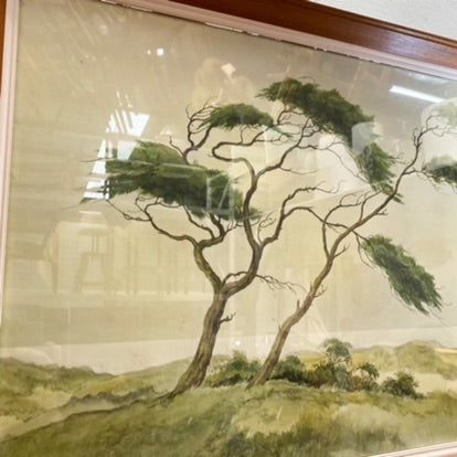 Mid Century Print in original frame of watercolour ‘Pines on Dunes’ 