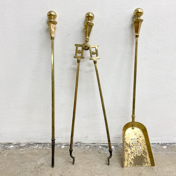 Set of Three Antique Brass Fire Tools