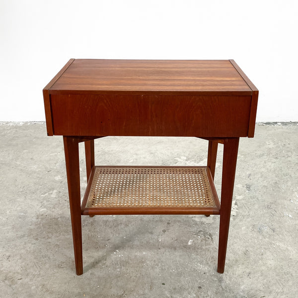 Mid Century Teak Bedside With Rattan Shelf