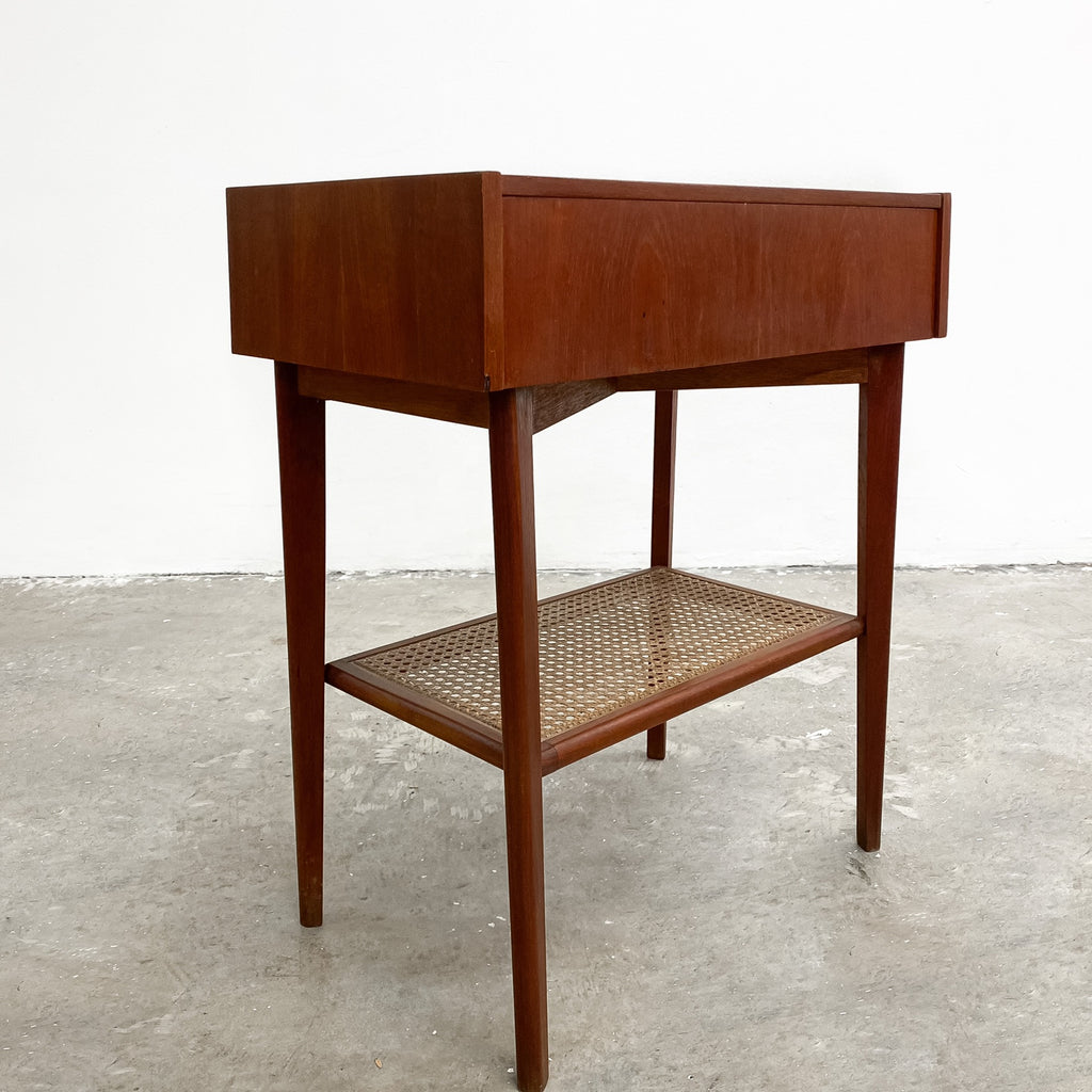 Mid Century Teak Bedside With Rattan Shelf