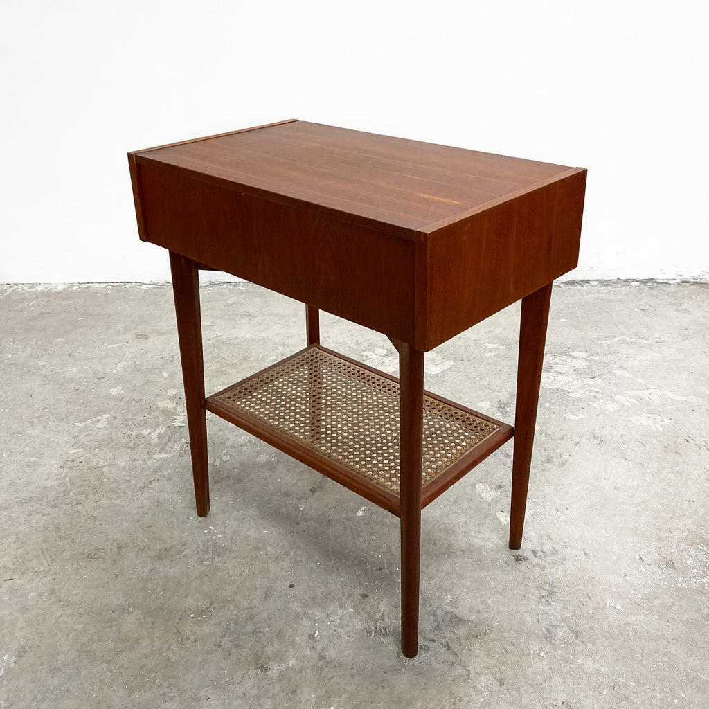 Mid Century Teak Bedside With Rattan Shelf