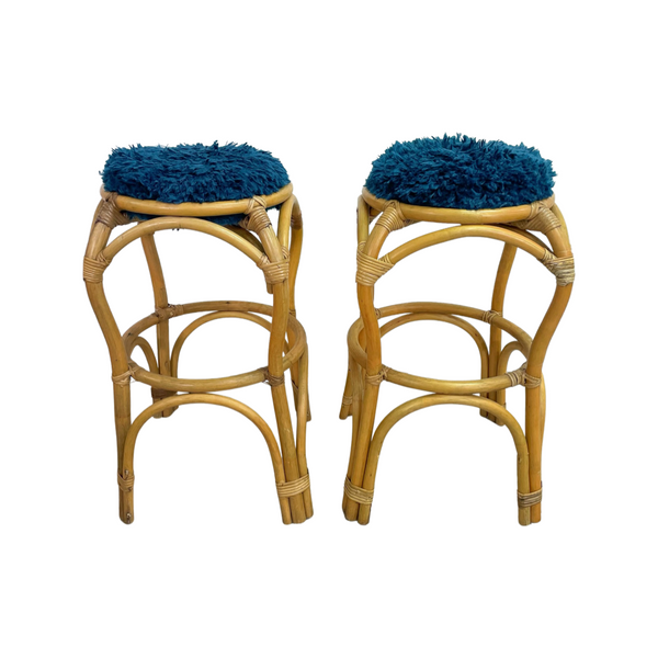 Pair Of Cane Bar Stools - Shaggy Blue Upholstery