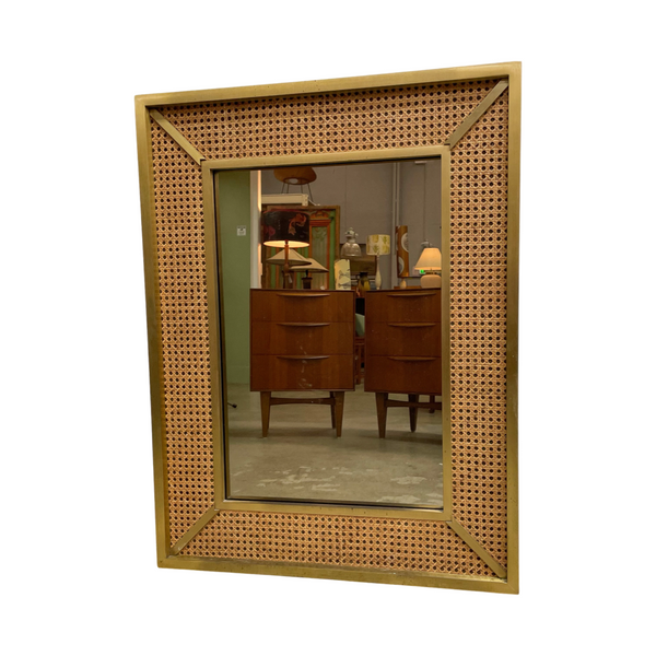 Vintage Brass and Rattan Framed Mirror