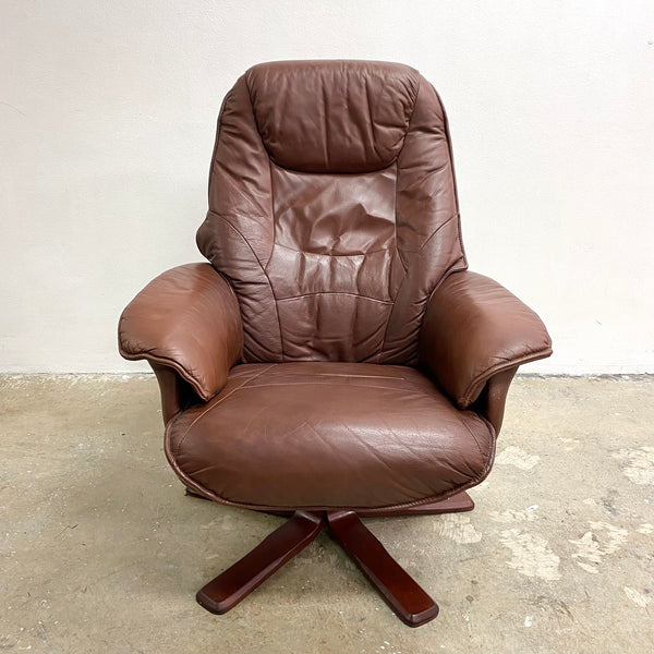 Danish Leather Swivel Recliner Armchair By Hjort Knudsen