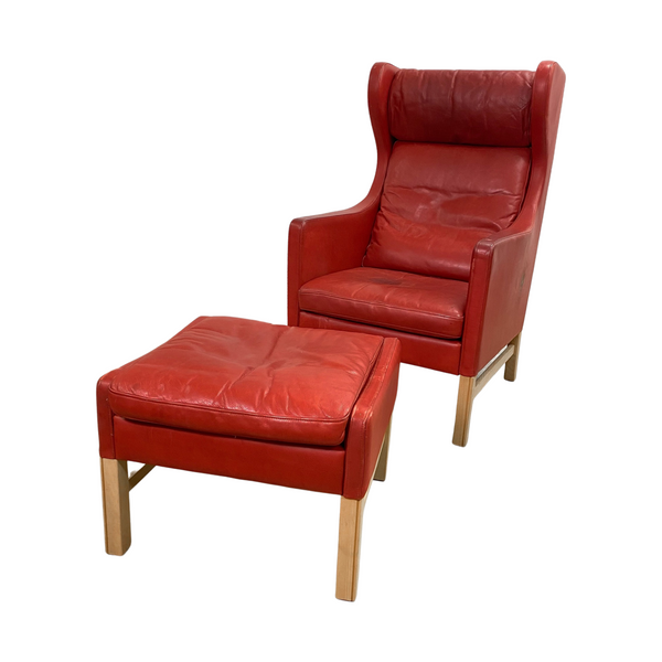 Vintage Danish Red Leather Wingback Armchair with Footstool