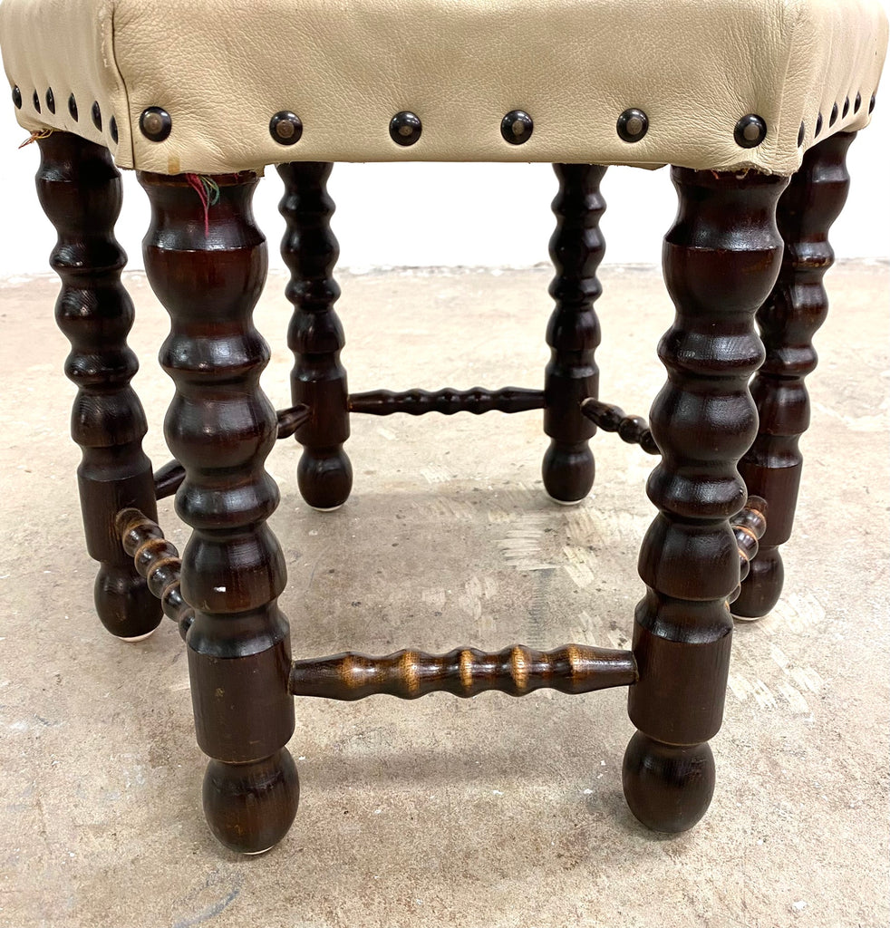 Vintage Danish Bobbin Stool With Leather Upholstery
