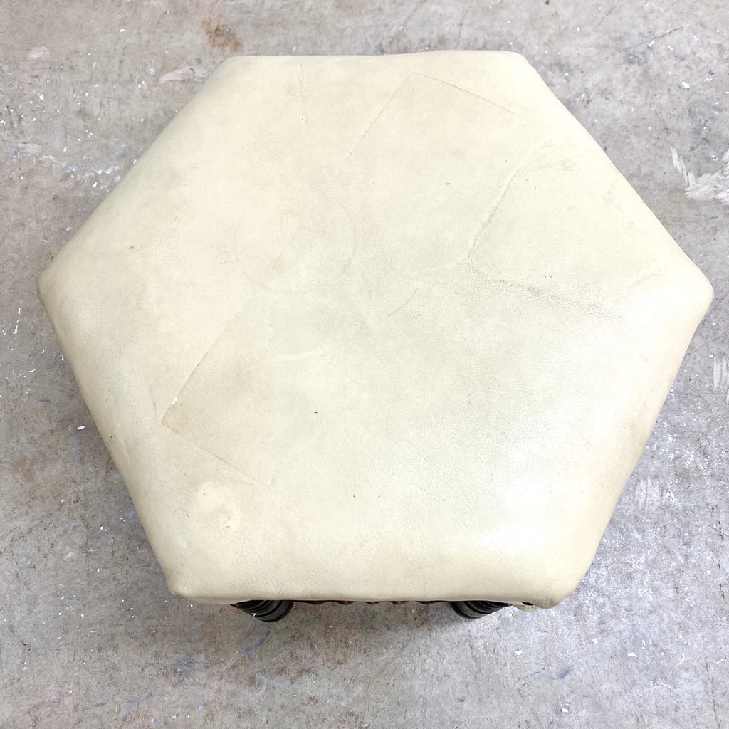 Vintage Danish Bobbin Stool With Leather Upholstery