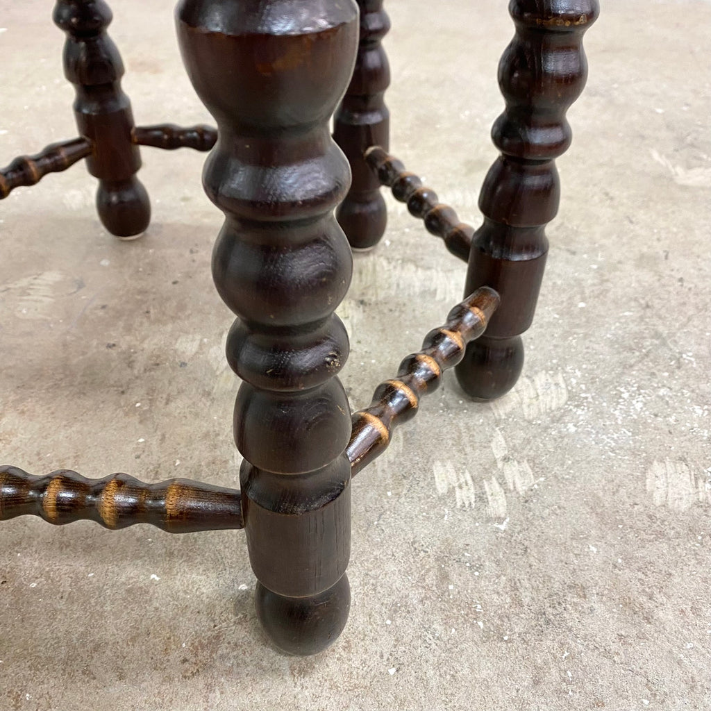 Vintage Danish Bobbin Stool With Leather Upholstery