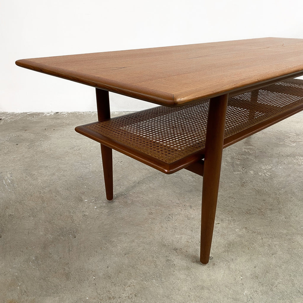 Restored Parker Mid Century Teak Coffee Table With Rattan Shelf
