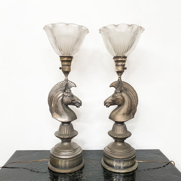 STUNNING PAIR OF SILVER PLATED ANTIQUE HORSE HEAD TABLE LAMPS