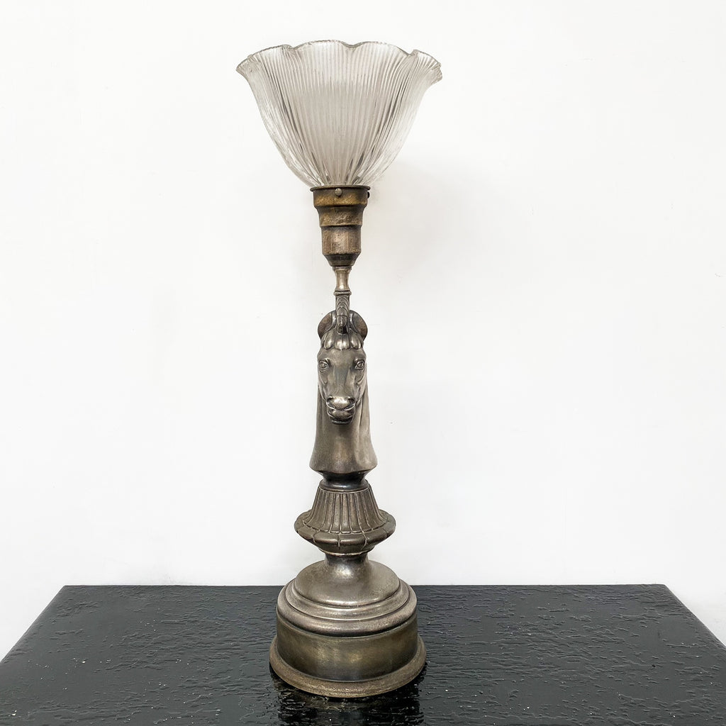 STUNNING PAIR OF SILVER PLATED ANTIQUE HORSE HEAD TABLE LAMPS