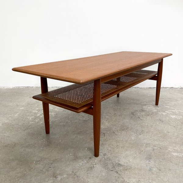 Restored Mid Century Parker Teak Coffee Table With Rattan Shelf