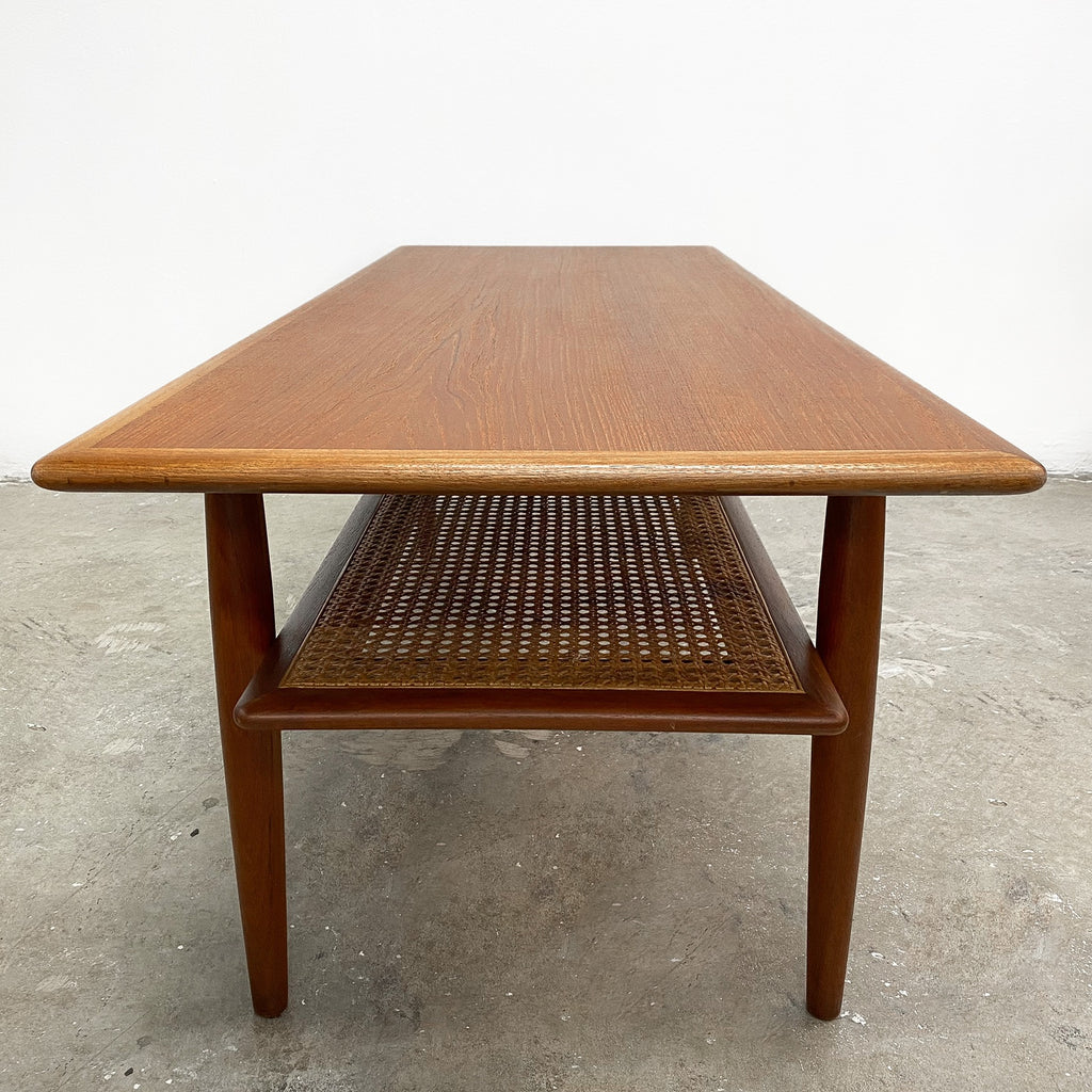 Restored Mid Century Parker Teak Coffee Table With Rattan Shelf