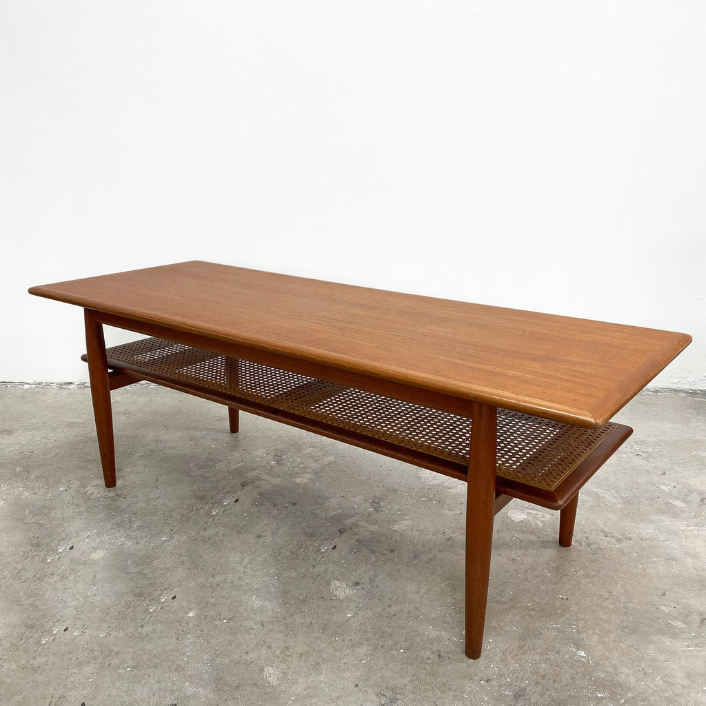 Restored Mid Century Parker Teak Coffee Table With Rattan Shelf