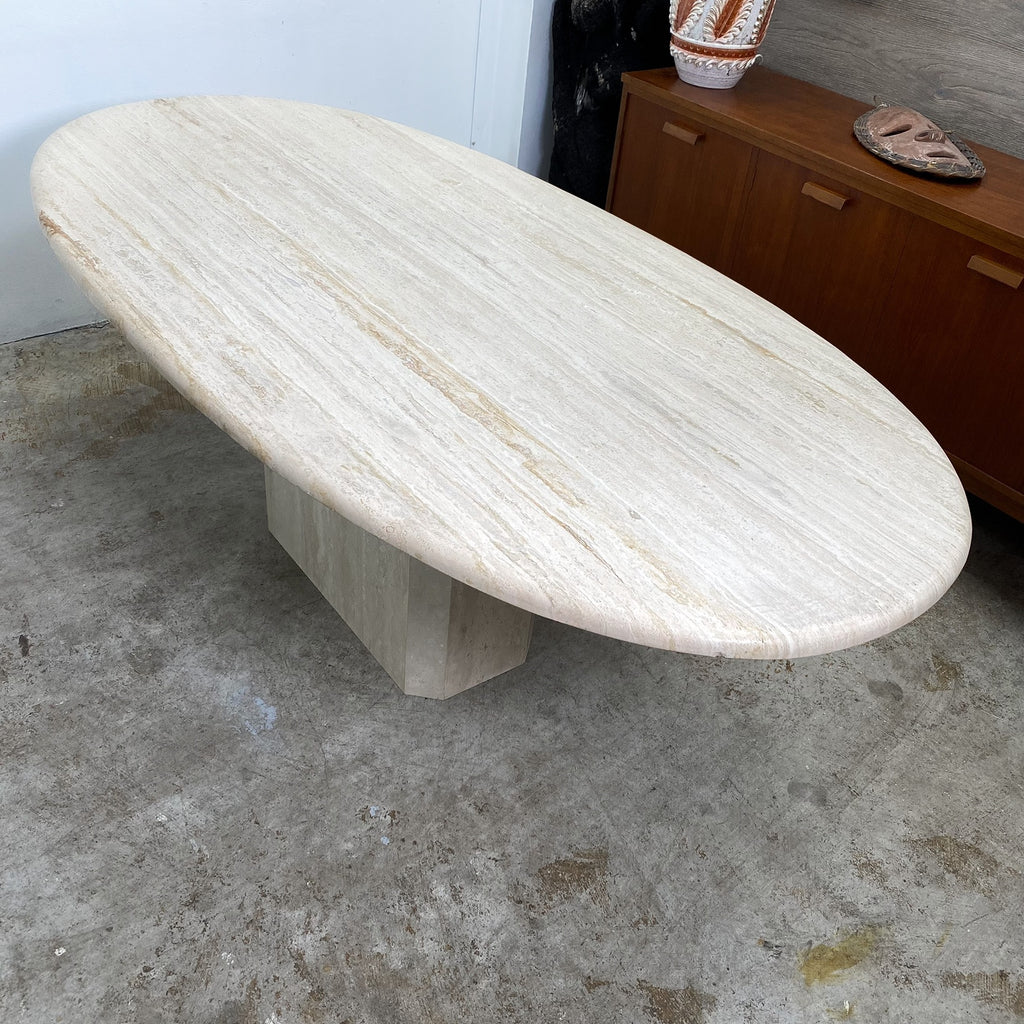 Large Oval Mid Century Italian Travertine Pedestal Dining Table