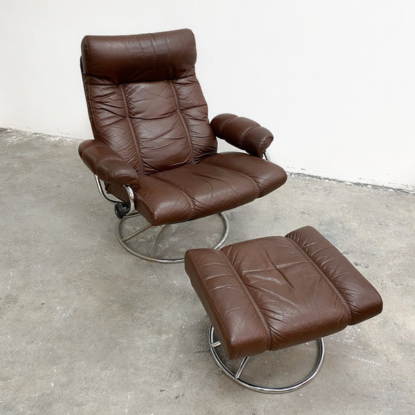 Mid Century Leather Swivel Arm Chair + Footstool By Ekornes Scandinavia