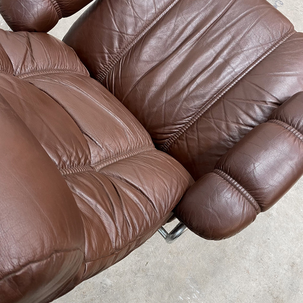 Mid Century Leather Swivel Arm Chair + Footstool By Ekornes Scandinavia