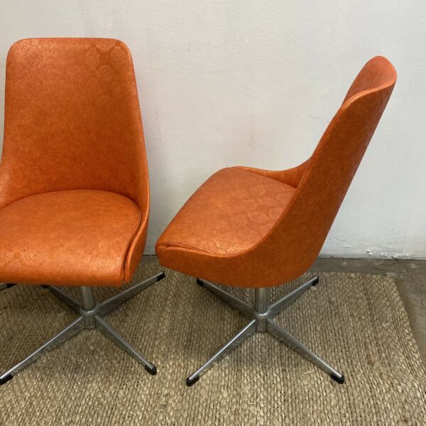 Late Set 4 1960’s Pongrass Orange Patterned Vinyl Swivel Dining Chairs