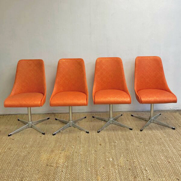 Late Set 4 1960’s Pongrass Orange Patterned Vinyl Swivel Dining Chairs