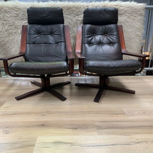 Rare Pair of Mid Century Joe Rufeacht Leather Swivel Lounge Chairs