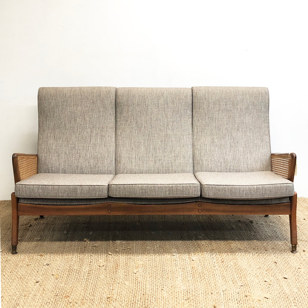Mid Century Modern Teak Rattan Reupholstered 3 Seater Lounge Sofa