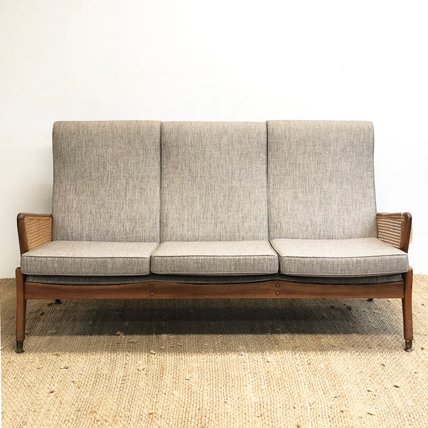 Mid Century Modern Teak Rattan Reupholstered 3 Seater Lounge Sofa
