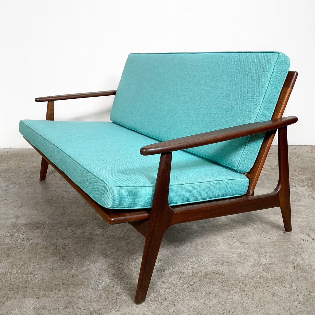 Parker Rattan Back Mid Century Sofa In Aqua