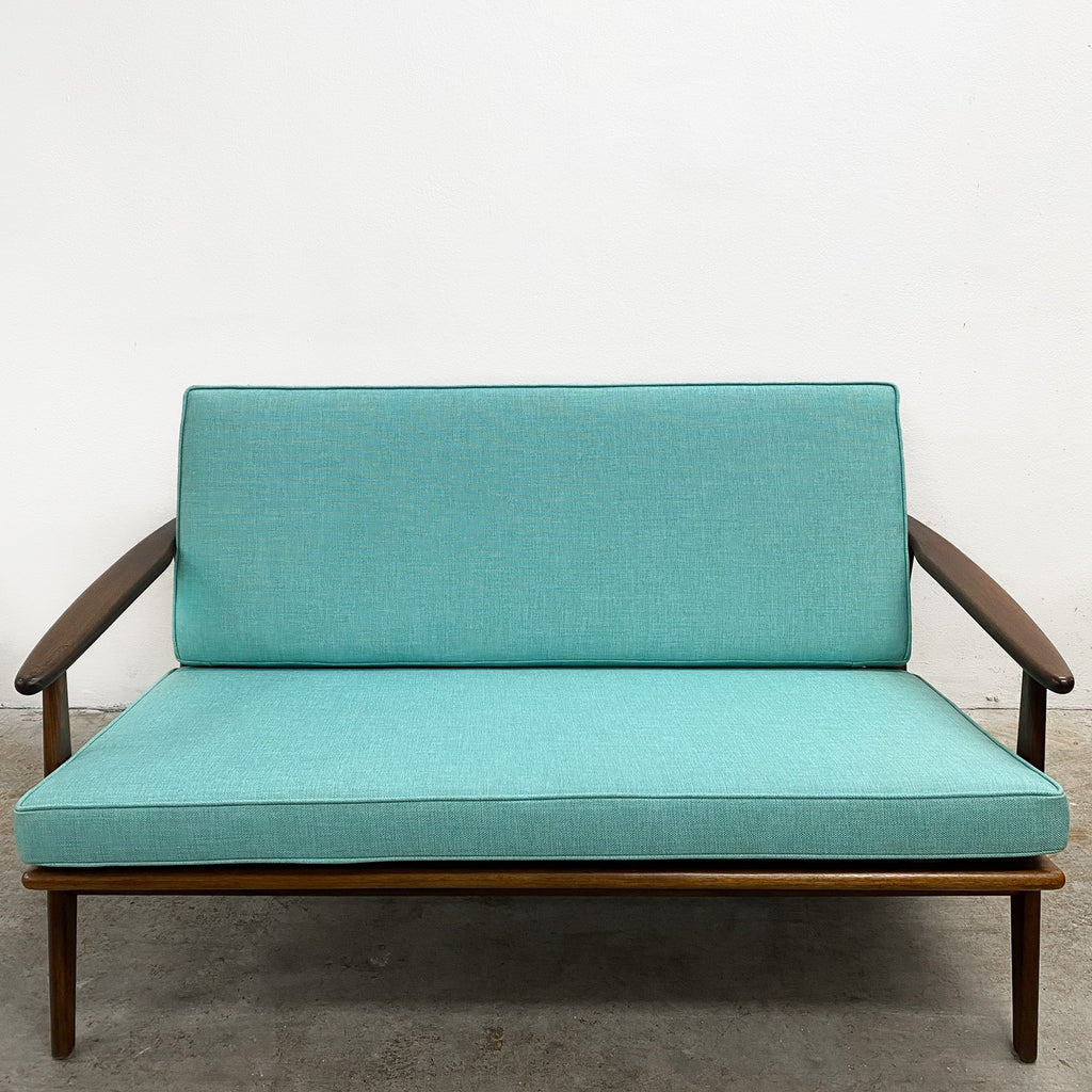 Parker Rattan Back Mid Century Sofa In Aqua