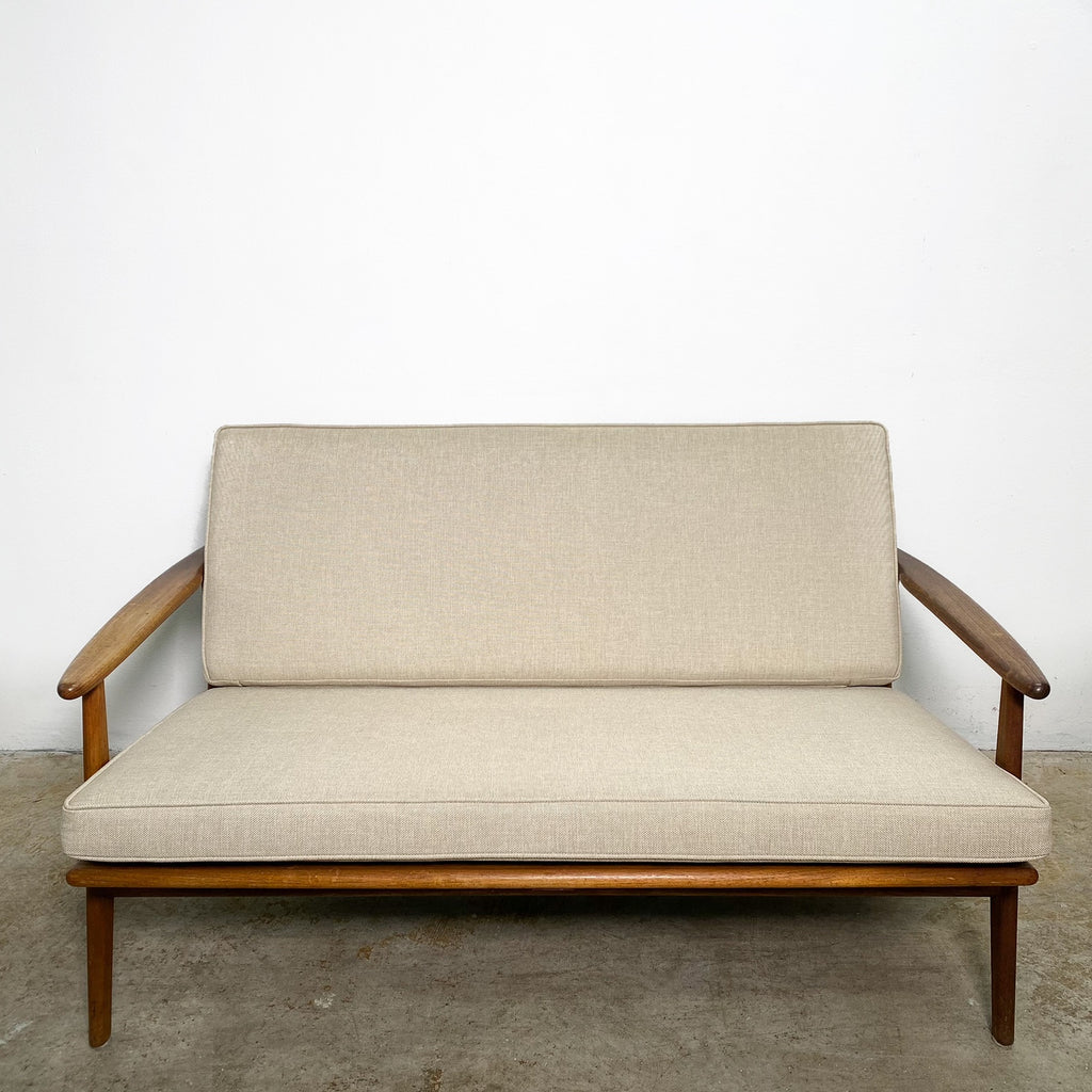 Parker Rattan Back Mid Century Sofa In Beige