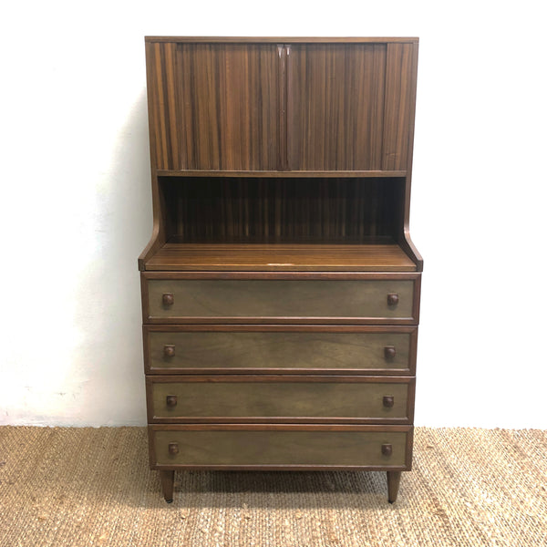 Compact Mid Century Tambour Door Upright Buffet Cabinet