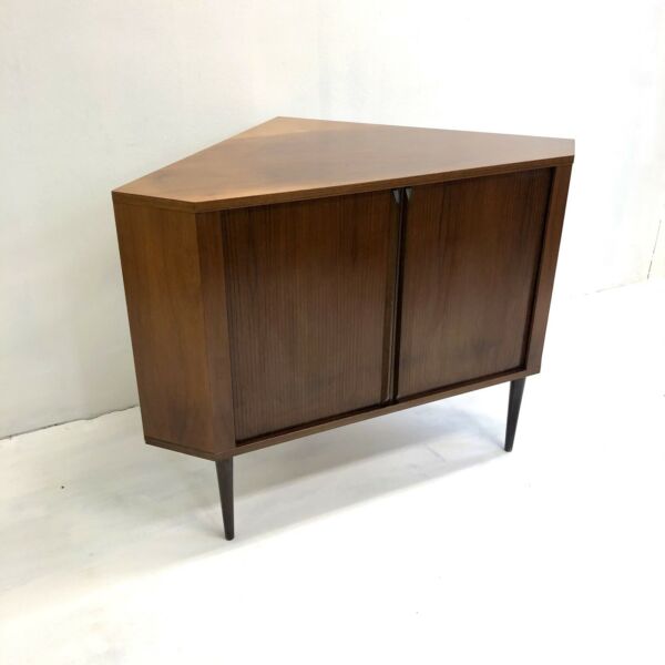 Rare Mid Century 1970’s Danish Tambour Door Cocktail Corner Cabinet