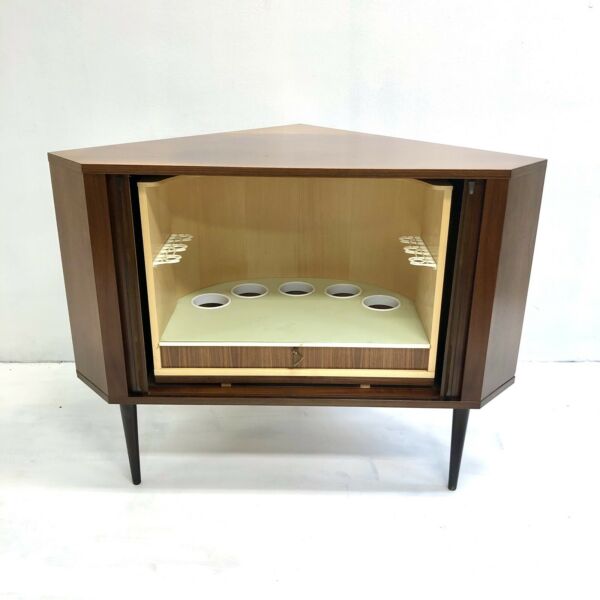 Rare Mid Century 1970’s Danish Tambour Door Cocktail Corner Cabinet