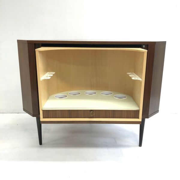Rare Mid Century 1970’s Danish Tambour Door Cocktail Corner Cabinet