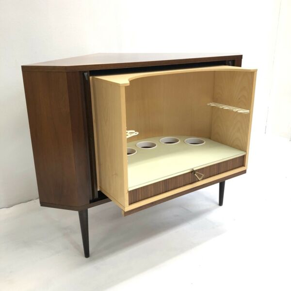 Rare Mid Century 1970’s Danish Tambour Door Cocktail Corner Cabinet
