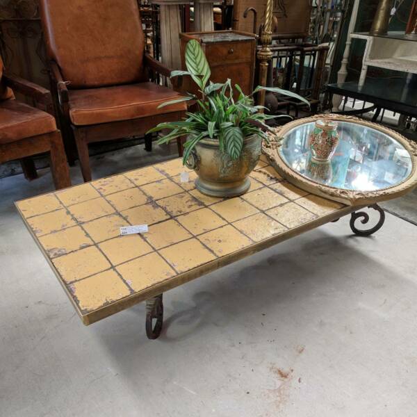 Large Spanish Wrought Iron and Brass Tile Top Coffee Table, late 20th Century