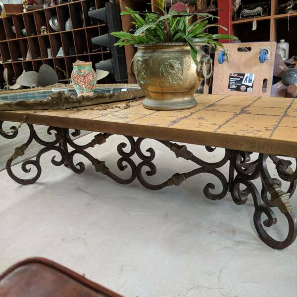 Large Spanish Wrought Iron and Brass Tile Top Coffee Table, late 20th Century