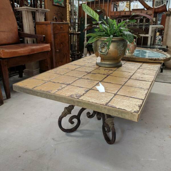 Large Spanish Wrought Iron and Brass Tile Top Coffee Table, late 20th Century