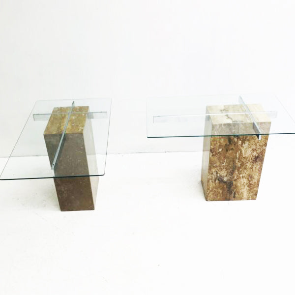 Travertine and Glass Cantilevered Side Tables