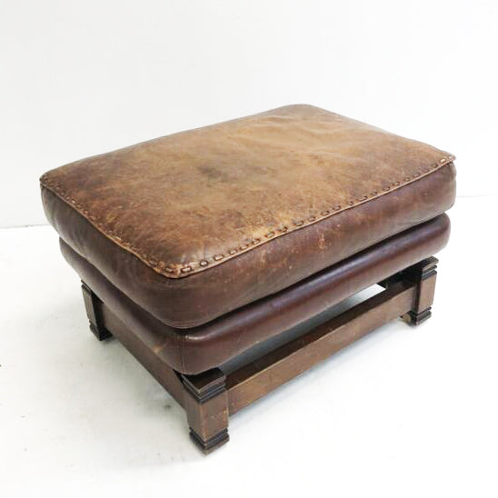Vintage 1970s Leather And Oak Foot stool Pouffe
