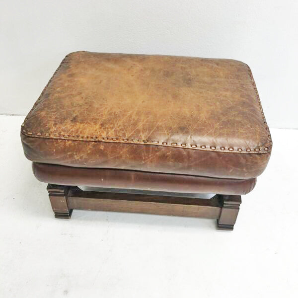 Vintage 1970s Leather And Oak Foot stool Pouffe