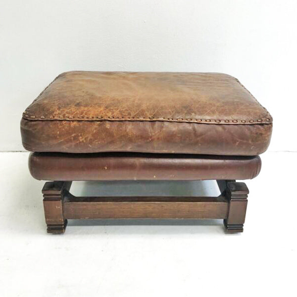 Vintage 1970s Leather And Oak Foot stool Pouffe