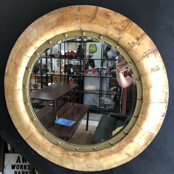 Vintage 80s Studded Timber Framed Round Mirror