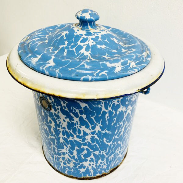 Large French Vintage Blue and White Marbled Enamelware Canister